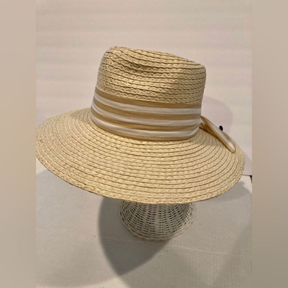 NWT Women’s Cream/White 100% Paper Wide-Brim Sun Hat by Collection 18 w/ Bow